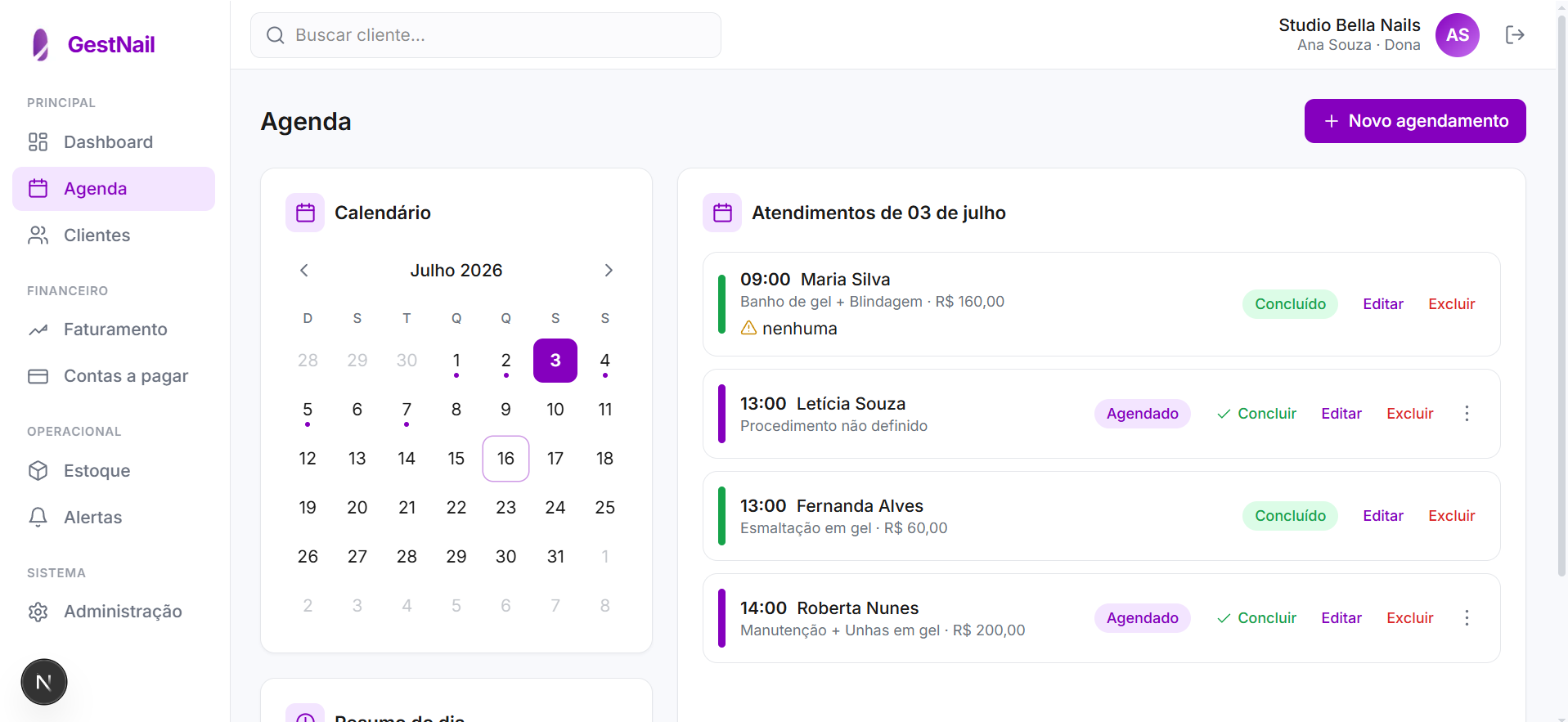 Tela de Agenda do GestNail